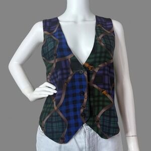 Vintage 90s Equestrian‎ Plaid Bridle Print Waistcoat Vest S/M